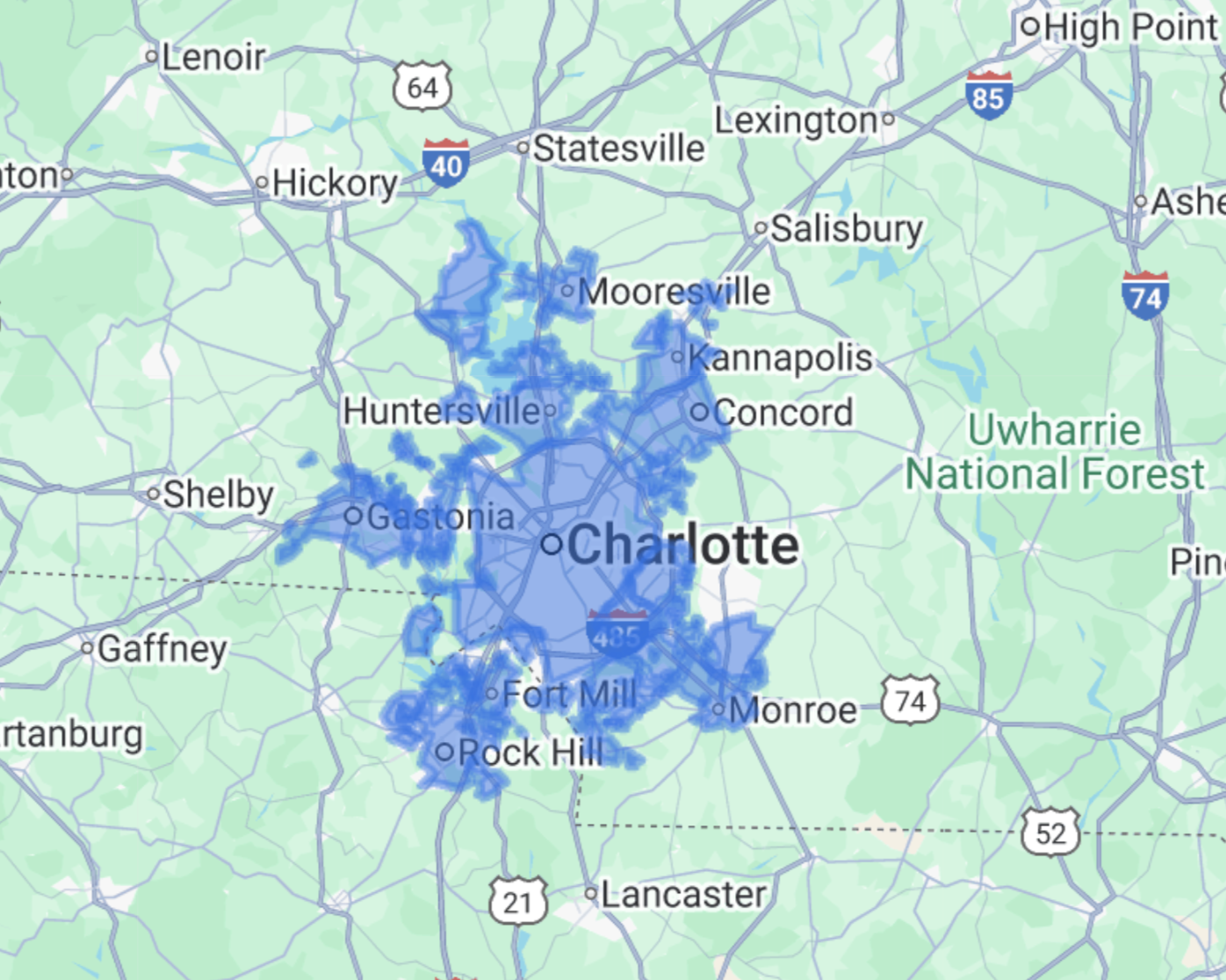 BozmanFix Appliance Repair service area map for Charlotte, NC, showing covered neighborhoods such as Huntersville, Matthews, Concord, Gastonia and nearby communities.