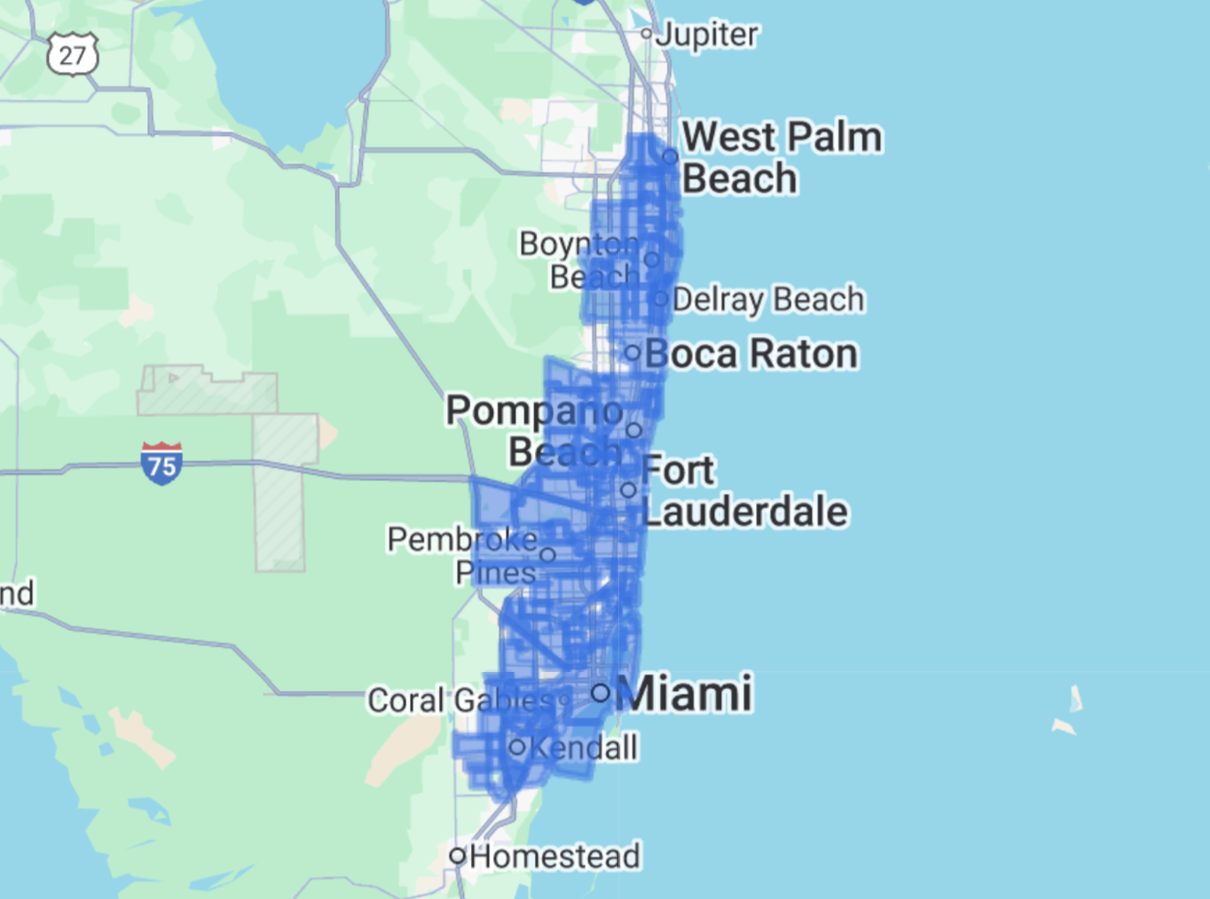 BozmanFix Appliance Repair service area map for Miami and the South Florida coast, showing neighborhoods where mobile technicians provide in-home washer, dryer, refrigerator, oven, and cooktop repair.