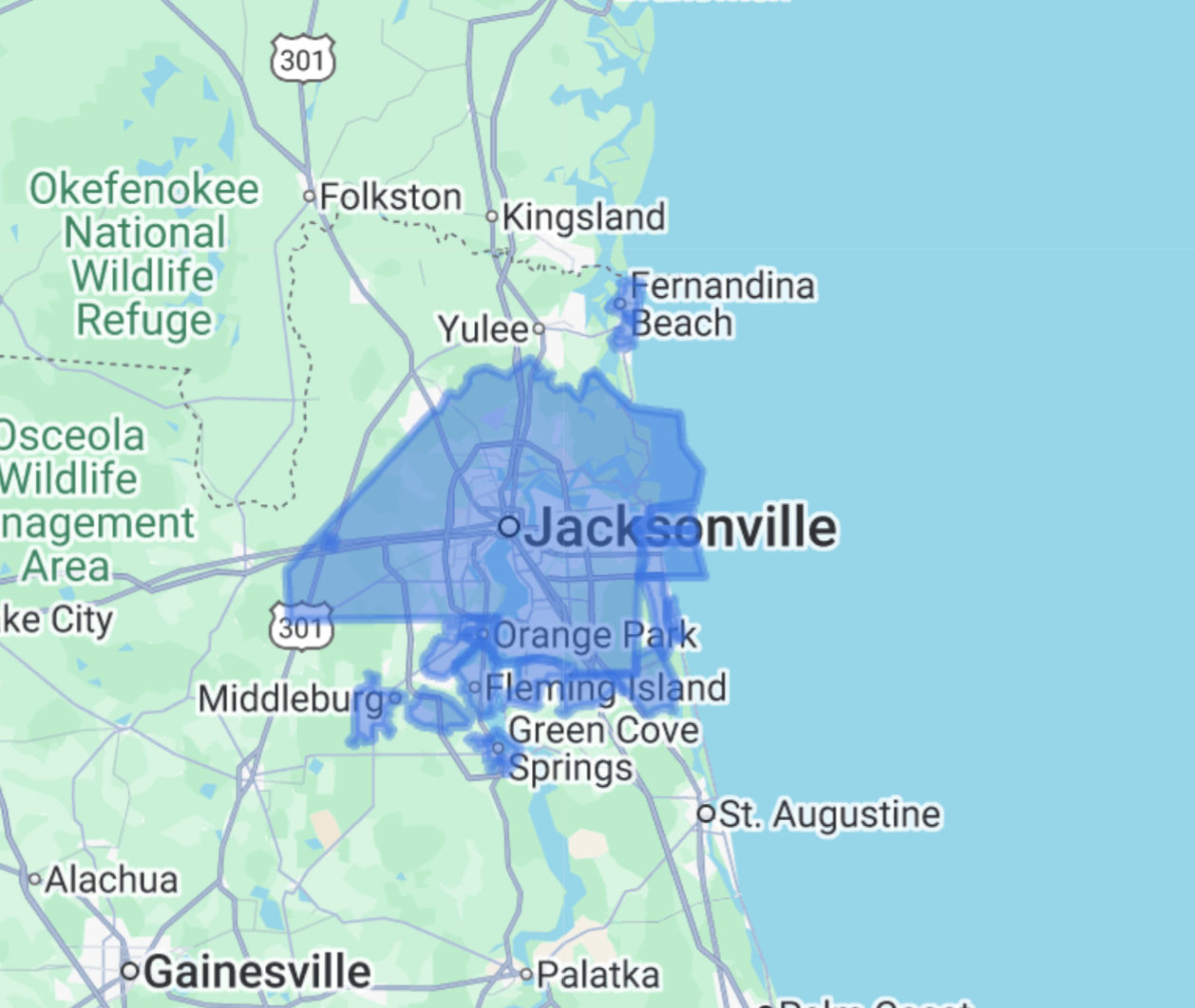 BozmanFix Appliance Repair service area map for Jacksonville, FL, showing the neighborhoods where mobile technicians provide in-home washer, dryer, refrigerator, oven, and cooktop repair.