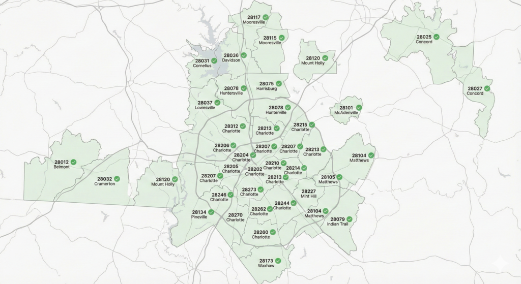 Charlotte Metro service coverage map showing ZIP codes and neighborhoods served by Bozmanfix Appliance Repair.