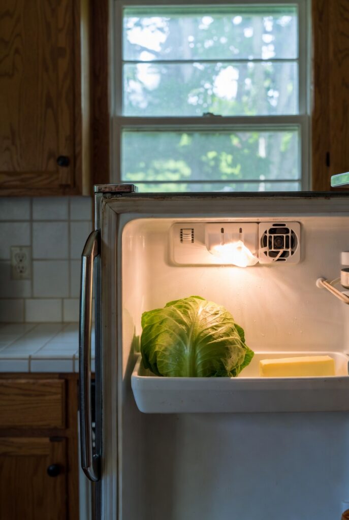 Open refrigerator with warm interior, condensation on lettuce and softening butter, showing the fridge section is not cooling while the freezer works