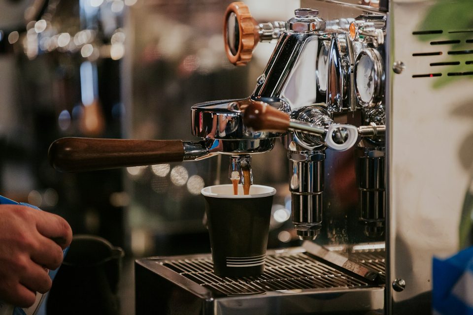 Espresso shot pulling into a cup on a dual boiler espresso machine
